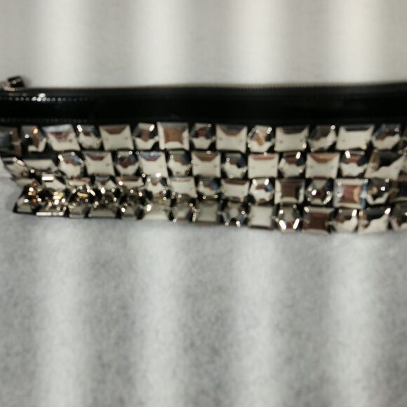 Forever Your Girl by Paula Abdul Silver Studded Clutch Bag Black Patent Zip - Picture 6 of 11